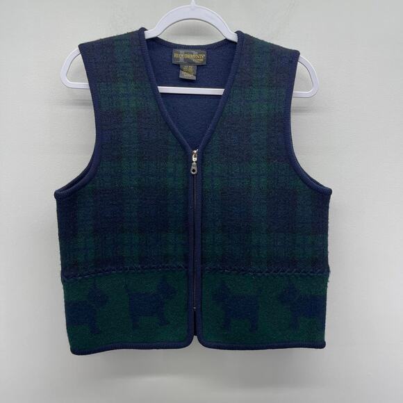 Requirements Navy Blue Green Plaid Wool Scottie Dog Zippered Vest - Picture 1 of 5